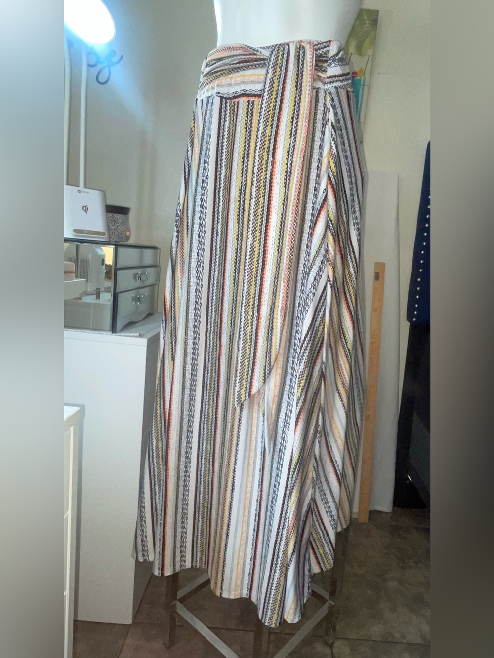 Robert Louis Striped Wrap Maxi Skirt in White, Black, Yellow and Orange